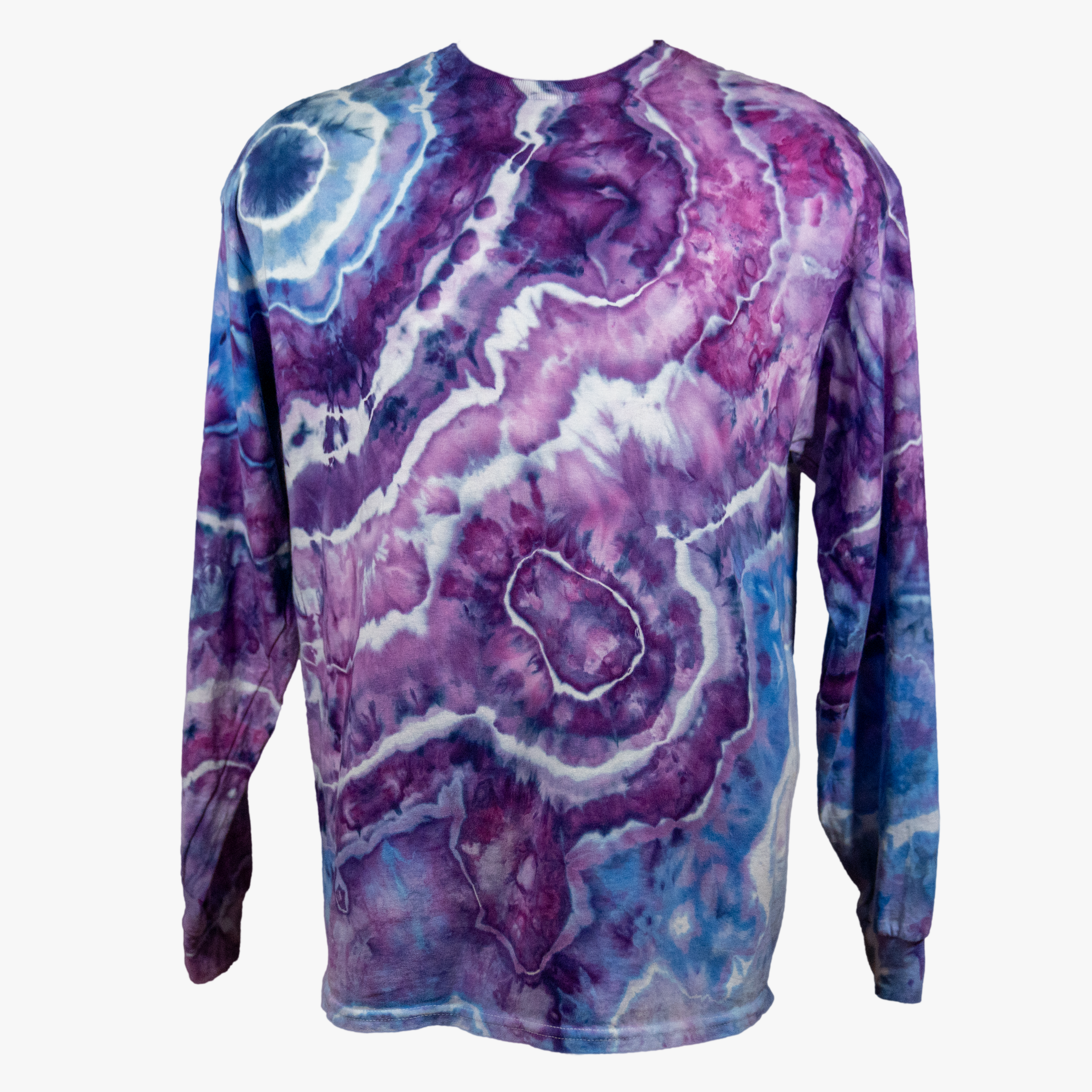 Long-sleeve shirt with a purple and blue tie-dye pattern on a white background